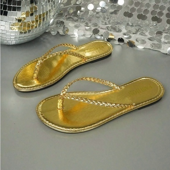 Gold Flip Flop Flat Sandals - Picture 1 of 9